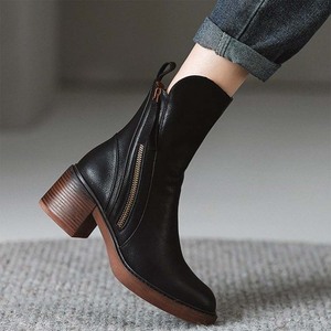 Bottines à talons épais d'automne, style britannique, fermeture éclair latérale, talons hauts, bout rond rétro, bottes Martin pour femmes - Product Image 4