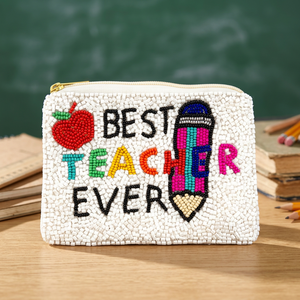 Pochette à monnaie brodée de perles pour enseignant, pochette zippée en coton, sac cadeau personnalisé avec logo pour l'école - Product Image 1