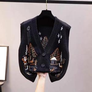 <strong>Women</strong> Embroider Retro Knit Vest Button Knitwear V-neck Sweater <strong>Cardigan</strong> Tops <strong>Sleeveless</strong> Fashion Autumn Casual Vest - Product Image 5