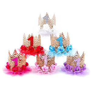 BELLEWORLD bambini imitazione fiore diadema principessa corone per bambina un anno pizzo maglia corone di compleanno per bambini aula - Product Image 5