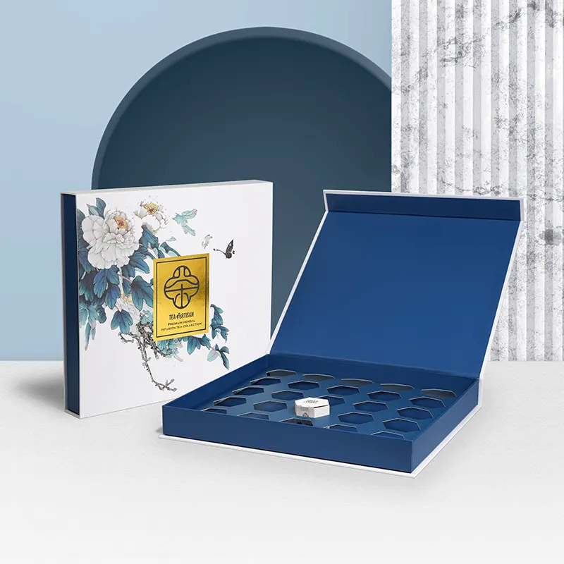 Scatola di imballaggio magnetica rigida di lusso personalizzata per il confezionamento di scatola regalo di tè con laminazione opaca in lamina d'oro