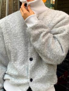 Custom Faux Fur & Mohair Collared Jacket Men Oversized Button up <b>Fluffy</b> Fuzzy Knit Winter Streetwear Cropped Coat - Product Image 2