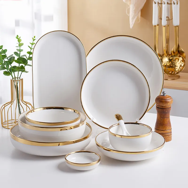 Juego de vajilla de cerámica con borde dorado, platos de lujo nórdico para boda, color blanco, personalizado