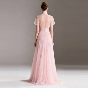 Abito da sera <span class=keywords><strong>in</strong></span> <span class=keywords><strong>Tulle</strong></span> rosa da donna con collo alto a manica corta <span class=keywords><strong>trasparente</strong></span> 3D decorazioni floreali <span class=keywords><strong>in</strong></span> stile increspato Maxi abiti per eventi formali - Product Image 2