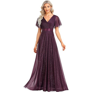 V-Neck Long Chiffon Bridesmaid Dress A-Line Plus Size Purple Evening Gown - Product Image 1