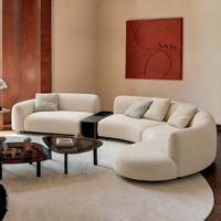Ensemble de canapés modulaires en chenille courbés en forme de croissant de lune, avec double chaise longue, structure en bois de marron, mousse haute densité, style moderne et minimaliste