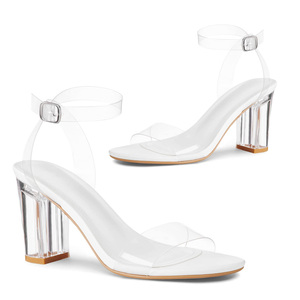 Sandali da Donna di Alta Qualità <span class=keywords><strong>con</strong></span> <span class=keywords><strong>Tacco</strong></span> Alto e Grosso, Punta Rotonda, Cinturino alla Caviglia Trasparente, Slip-on per Abiti Eleganti - Product Image 3