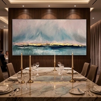 Peinture à l'huile sur toile abstraite de paysage de montagne bleue, personnalisable, grand format, avec cadre sur mesure, dorure à la feuille d'or et peinture à la main de luxe