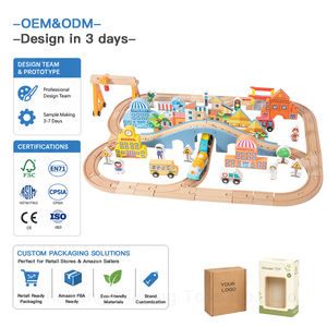 90 pièces Ensemble de <span class=keywords><strong>train</strong></span> électrique Montessori en bois de hêtre, Jouets de construction de <span class=keywords><strong>train</strong></span> sur rail en bois, Ensemble de jeu ferroviaire, Personnalisation OEM - Product Image 1
