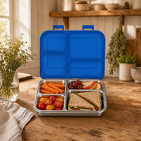 S004-3 Boîte Bento Réutilisable à 4 Compartiments, Base et Couvercle en Acier Inoxydable, Sans BPA, Chauffable, Vente Directe Usine, Commandes en Gros OEM pour Distributeurs