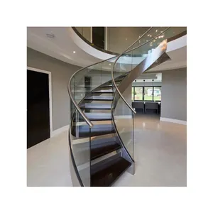 Escalier personnalisé Moderne Avec Verre Garde-corps En Fonte Hôtel Intérieur Bois En Acier Au Carbone Stringer Spirale Arc Escaliers