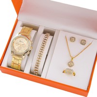 Montre à quartz pour femme tendance 2026, ensemble de 6 pièces, montre de luxe avec cadran en verre, affichage à aiguilles, bague, collier, boucles d'oreilles en strass pour femme