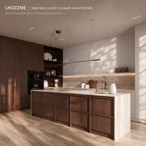 Mobili da <span class=keywords><strong>Cucina</strong></span> Modulari in Rovere Affumicato e Travertino Romano, Senza Maniglie, <span class=keywords><strong>con</strong></span> Piano in Pietra <span class=keywords><strong>a</strong></span> Giunzione Angolare, Produttore OEM ODM per Tutta la Casa - Product Image 3