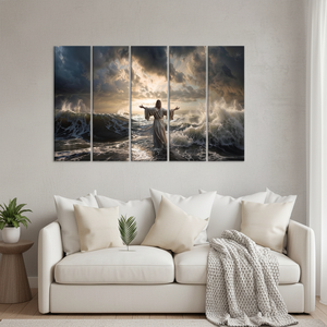 Tableau sur toile Art Déco Jésus marchant sur l'eau, Art mural spirituel, Tempête et lumière de l'océan, Ensemble de 5 tableaux à suspendre - Product Image 3