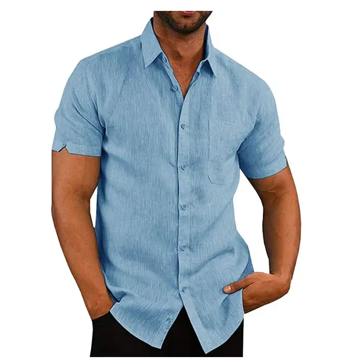 Men Linen Shirt Plain Summer Lapels Short Sleeves Shirt