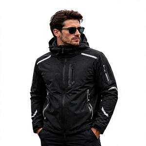 Veste softshell coupe-vent noire à capuche pour homme avec fermetures éclair rouges, vêtements d'hiver sportifs pour l'extérieur - Product Image 1