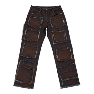 Pantalon en jean taille mi-haute coupe oversize avec rivets décoratifs et multiples poches plaquées, marron délavé, à jambe large, pour le style Hip Hop Punk - Product Image 6