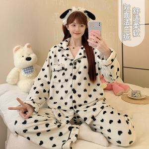 Sleepwear Sets 116# Coral Fleece Cardigan Lapel <strong>Pyjamas</strong> Women's Winter Cartoon Flannel 220g Set Pajamas - Product Image 4