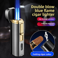 Pemantik Api Butana Premium JH, Pemantik Rokok Vintage Mewah 2 Jet Flame dengan Tempat Cerutu dan Pemotong Cerutu, Dapat Diisi Ulang untuk Merokok Cerutu