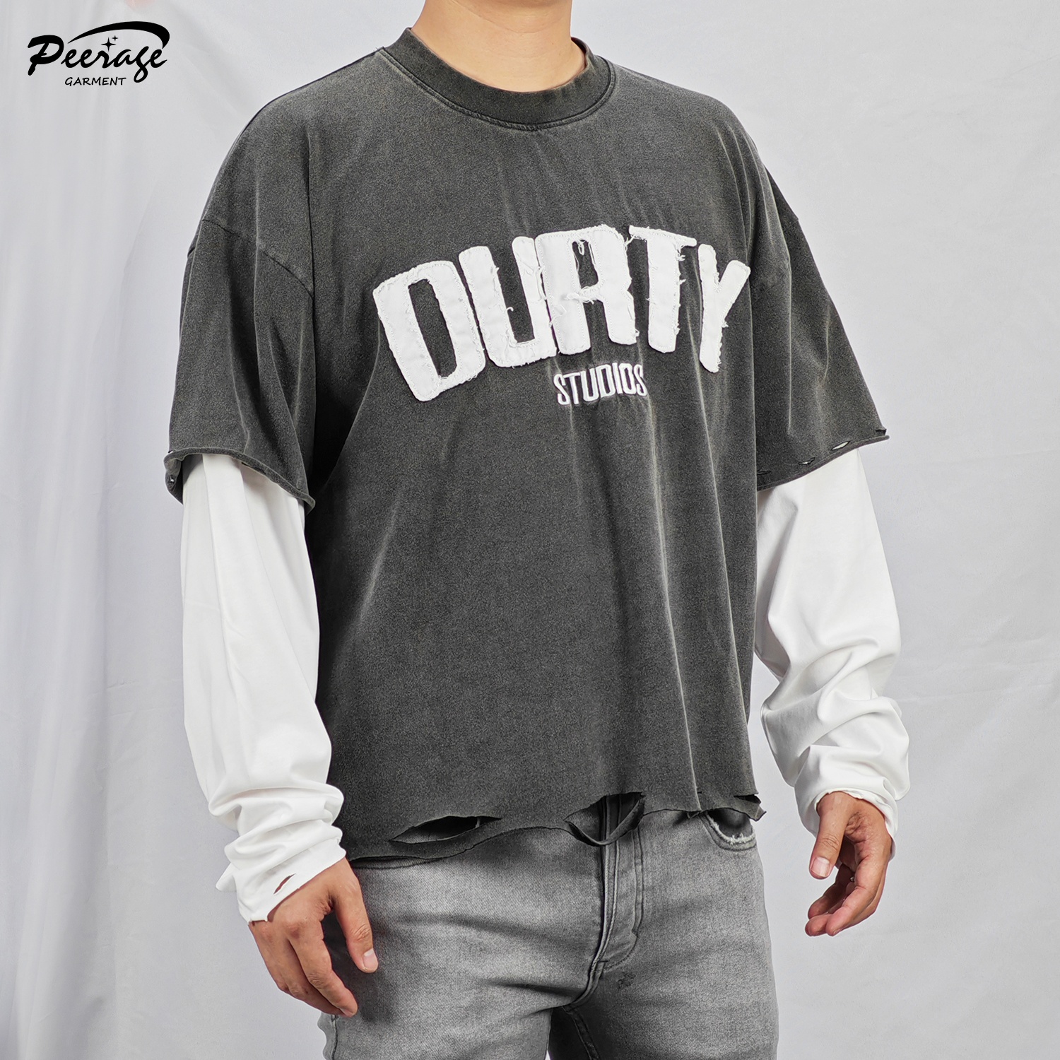 Custom Men's Double Layer Long Sleeve Tee Shirt - Distressed