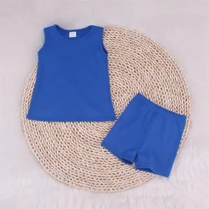 Wholesale Kids Nylon Stretchy Girls Outfits Cross Straps Crop Top Elastic Waist Band Shorts Yoga Outfits