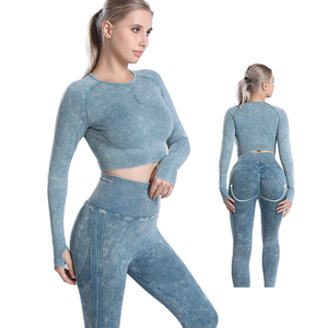 Ready Stock! Women's Knitted Seamless Fitness <b>Tops</b> Elastic Waist Quick Dry 2-Piece Set Sports Running Long-Sleeved Yoga Clothes - Product Image 1