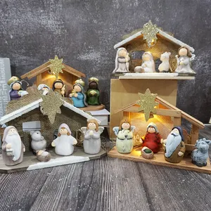 Set Patung Natal Miniatur, Patung Natal Mini dengan Lampu Led, Set Adegan Kelahiran Miniatur 5 Ukiran