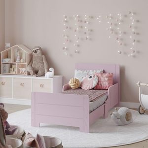 <span class=keywords><strong>Lit</strong></span> classique en bois pour enfants <span class=keywords><strong>avec</strong></span> garde-corps latéral de sécurité pour filles et garçons, parfait pour la sécurité combinée des chambres junior (rose) - Product Image 4