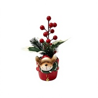 Pot de fleurs en céramique peint à la main style Père Noël, rouge, semi-artisanal, style américain, baies, branches de pin, floral de Noël