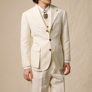 Costume homme 2 pièces rétro décontracté léger et respirant en coton et lin, veste à revers crantés et pantalon, style années 30 - Product Image 1