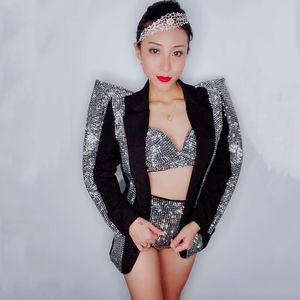 Traje <span class=keywords><strong>De</strong></span> Escenario Sexy Rhinestone Bikini Blazers Conjuntos Mujeres Club Traje Trajes Stripper Gogo Dancer Stage Performance Disfraces - Product Image 2