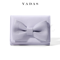 Dompet Lipat Tiga Mini Motif Pita Lucu Wanita Warna Macaron Bahan Kulit PU Tempat Kartu Dompet Saku Kecil Dompet Koin Uang Tunai Kartu untuk Wanita