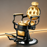 Fauteuil de barbier élégant au design capitonné vintage en cuir doré, réglable en hauteur, pour salon de coiffure commercial pour hommes