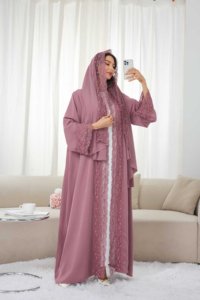 Abito Zifeng OEM in stile mediorientale, elegante, chic e alla moda, a maniche lunghe, in poliestere, <span class=keywords><strong>con</strong></span> ricami floreali in pizzo e foulard coordinato, certificato CE. - Product Image 6