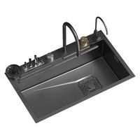 Évier de cuisine simple à cuve large fait main EGNS avec robinet cascade Raindance modèle CX-27 en acier inoxydable SUS304 et support pour couteaux