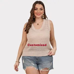 Colete básico de malha de malha com costela sem mangas para mulheres, blusa de verão de malha grande personalizada