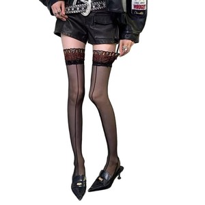 Mu Ruan Thigh High Stockings Peacock Red Ultra Thin 0D Transparent Women's Y2K Style Retro Lace Top - Product Image 5