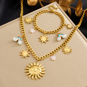 Gold Plated Stainless Steel Sun Face Ceramic Rainbow Pendant Necklace <b>Bracelet</b> <b>Set</b> Unisex Jewelry Fashion Accessory - Product Image 1