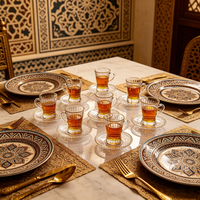 Ensemble de tasses et soucoupes en verre pour thé turc et café arabe avec bordure dorée, 6 pièces, 150 ml, tasse ronde de luxe, motif en relief, utilisation à domicile ou au restaurant