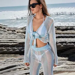 2026 Zomervakantie Casual Losse Gestreepte Gebreide 2-delige Set Bikini Cover Ups Lange Mouwen Vest Lange Broek Vakantie - Product Image 1