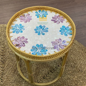 Manufacturer Eco Friendly Woven Rattan Tea <b>Table</b> Decorative Shell Inlay <b>Round</b> <b>Bedside</b> Corner <b>Table</b> Furniture - Product Image 1