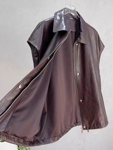 Nouveau Gilet Court Sans Manches en Cuir de Mouton Huilé pour <span class=keywords><strong>Femme</strong></span> 2026 – Veste d'Hiver Ample à Fermeture Éclair - Product Image 6