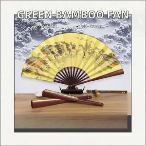 Éventail artisanal en bambou vert pour homme, 10 pouces, en tissu de soie acajou, peint à la main, thème floral, écologique, pour le Nouvel An chinois - Product Image 2