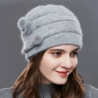 Bonnet en laine angora tricoté pour femme, vente en gros d'usine, bonnet tricoté avec doublure, bonnets chauds pour l'hiver pour femmes