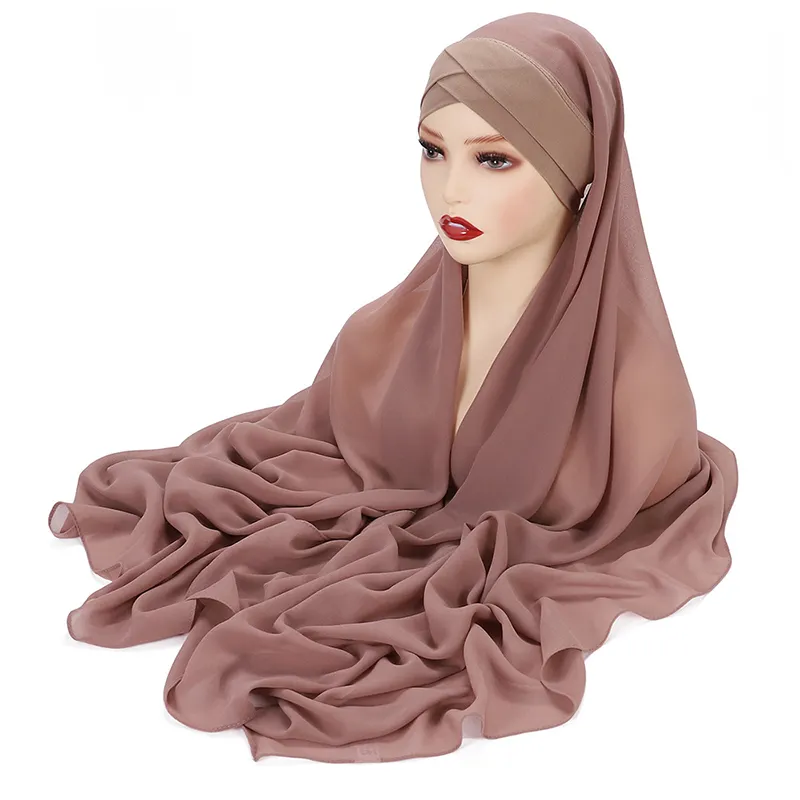 New Arrival Solid Color Hat Fast Scarf Long Plain Chiffon Undercap Muslim Instant Hijab For Women