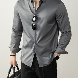 Chemises habillées pour <span class=keywords><strong>hommes</strong></span>, style années 60, en coton mercerisé de luxe, unies, à manches longues, extensibles, infroissables, pour tenue formelle et décontractée - Product Image 2