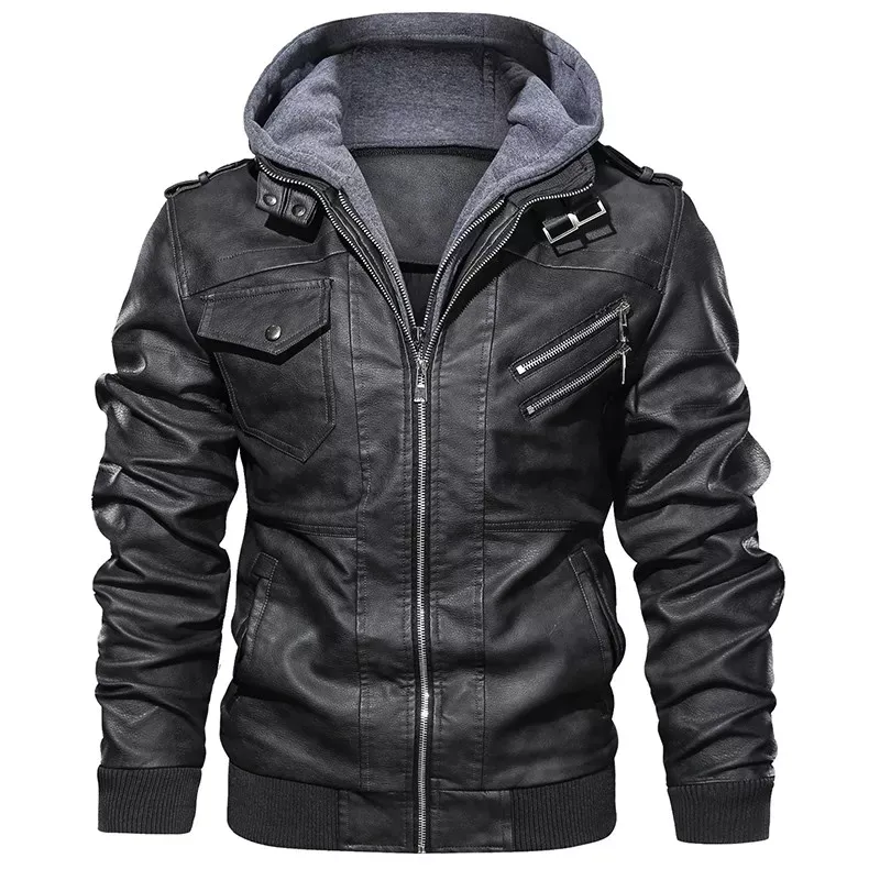 Winter men's leather motorcycle jacket with hat windproof