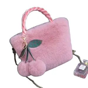 Bolso de felpa coreano, bolsos de mano bonitos para niñas, bolsos de hombro de felpa cálidos, bolso de cereza de felpa esponjosa, mochila
