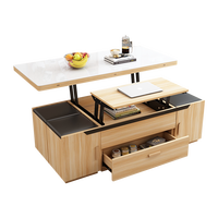 Table basse multifonctionnelle moderne en bois massif et verre trempé, double usage, hauteur réglable, pliable et avec rangement intégré