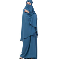 Vêtement de prière du Ramadan islamique bleu Abaya vêtements musulmans modestes Khimar Hijab ensemble deux pièces